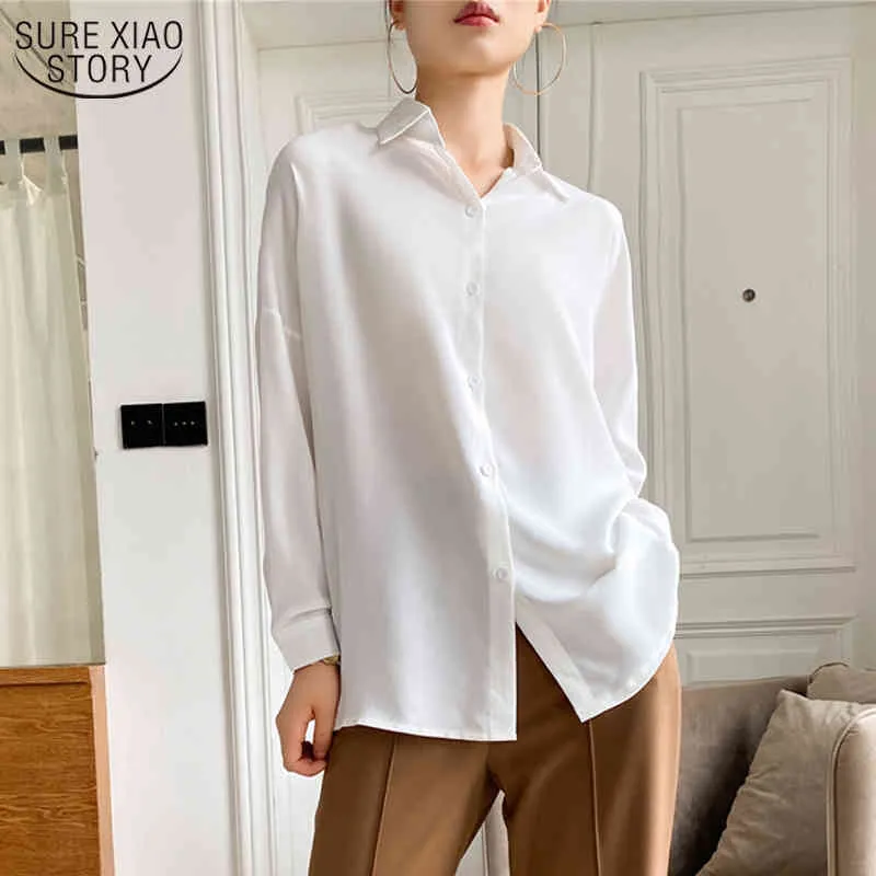 Multi color Casual Lapel Loose Long Sleeve Elegant White Pink Tops Plus Size Solid chic chiffon Blouse Women 9862 210508