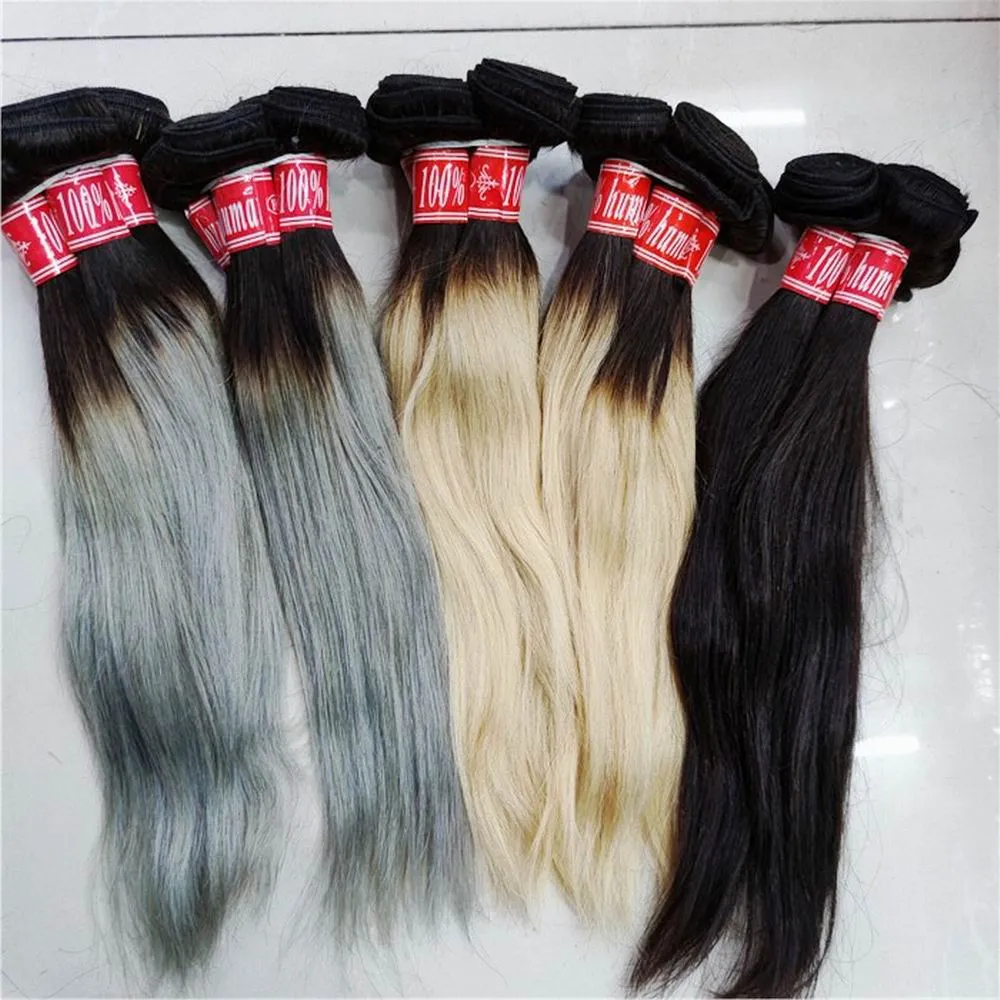 Hot selling grey hair 24pcs/lot free hair extra piece indian human hair straight extensions dyed weaves