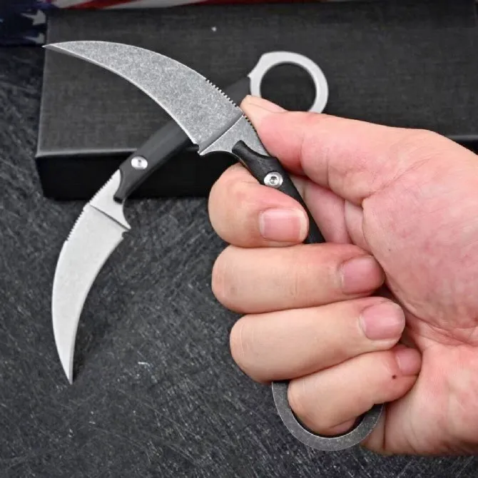 Quente! Faca Karambit de lâmina fixa D2 Branco/Preto Pedra Lavada Lâminas Full Tang G10 Cabo Garra Facas com Kydex