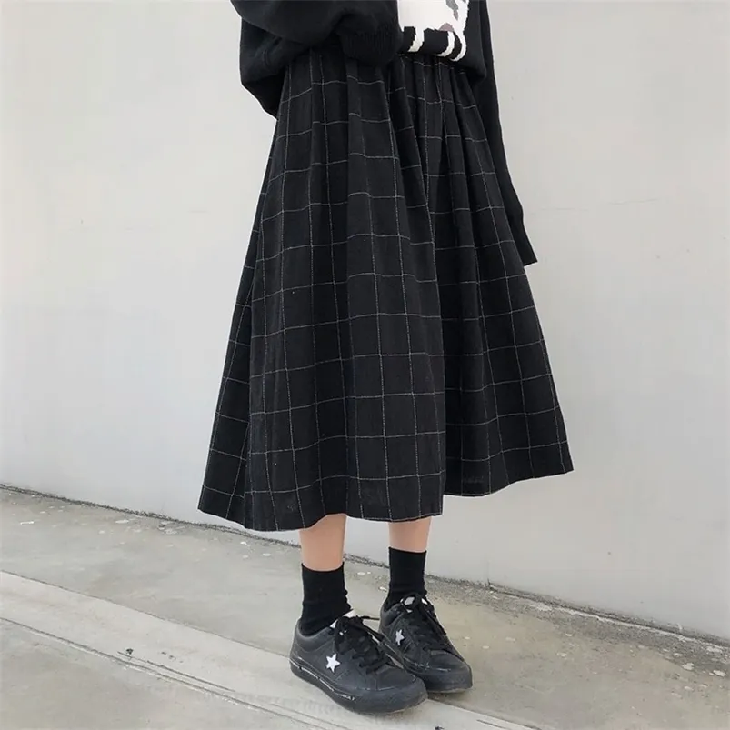 2 couleurs style japonais taille haute élastique Jupes longues Femme automne hiver plaid A-ligne jupes plissées (X1078) 210730