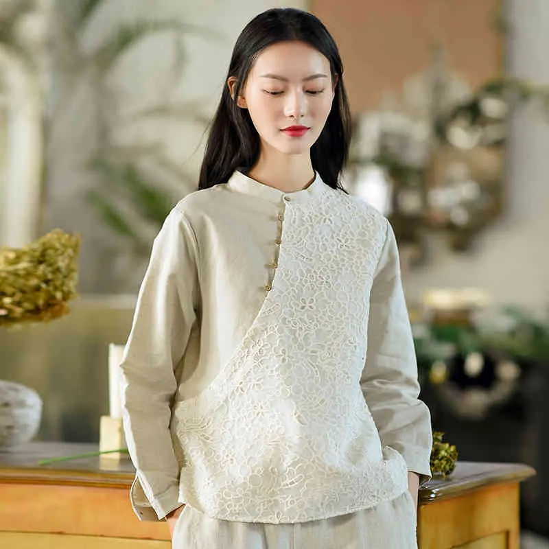 Johnature Women Cotton Linen Patchwork Shirts Vintage Stand Long Sleeve Blouses Spring Loose Chinese Style Embroidery Shirt 210521