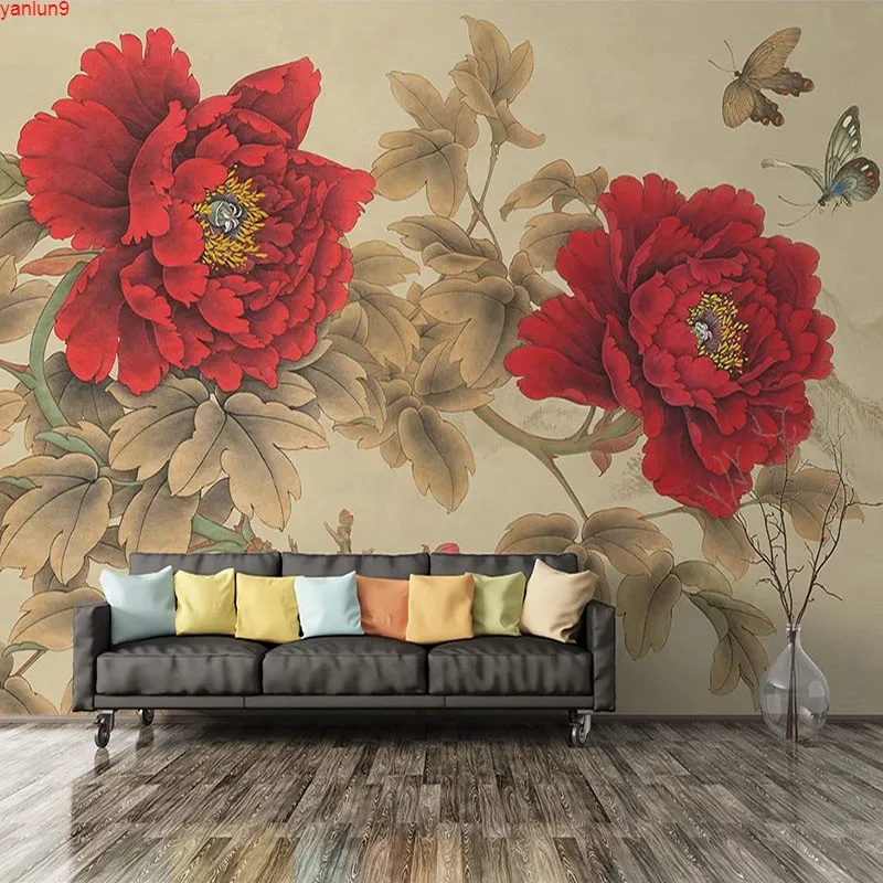 Custom Mural Chinesa Estilo Clássico Vermelho Peônia Decoração Da Parede Pintura Estudo Sala de estar Quarto Photo Pano de fundo 3D Wallpaper FloresGood Quatity