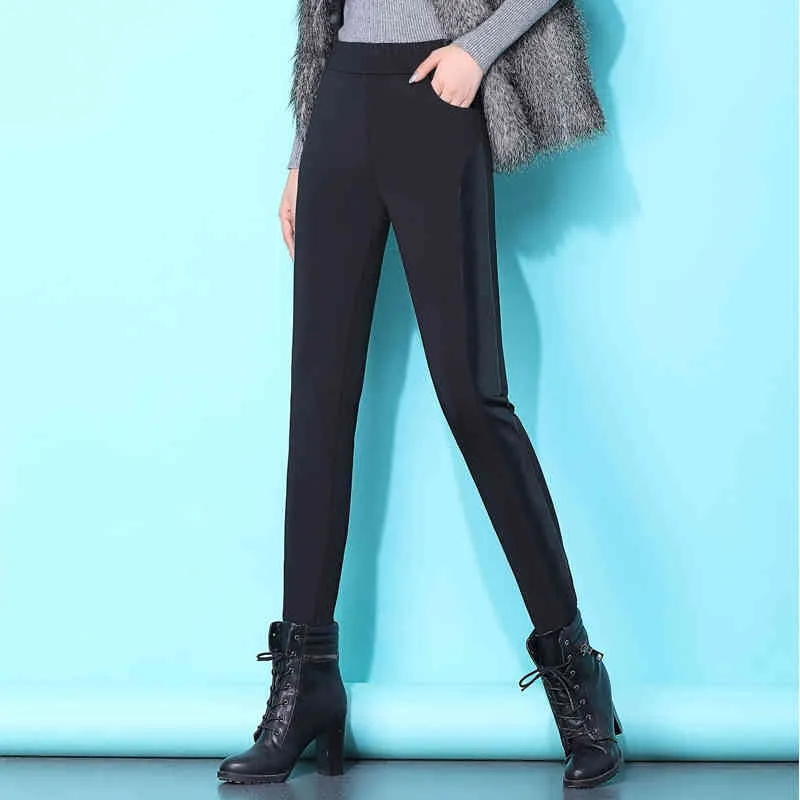 Autumn and Winter Stitching Feet Pants Thickened High Waist Was Thin Trousers Korean Women's Plus Size 4XL 210423