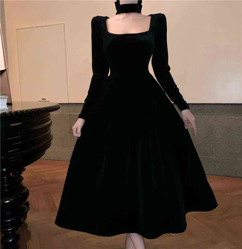 Robe mi-longue en velours noir pour femme, Vintage, décontractée, élégante, manches longues, soirée, robe de bal, coréenne, Y1204, hiver 2021