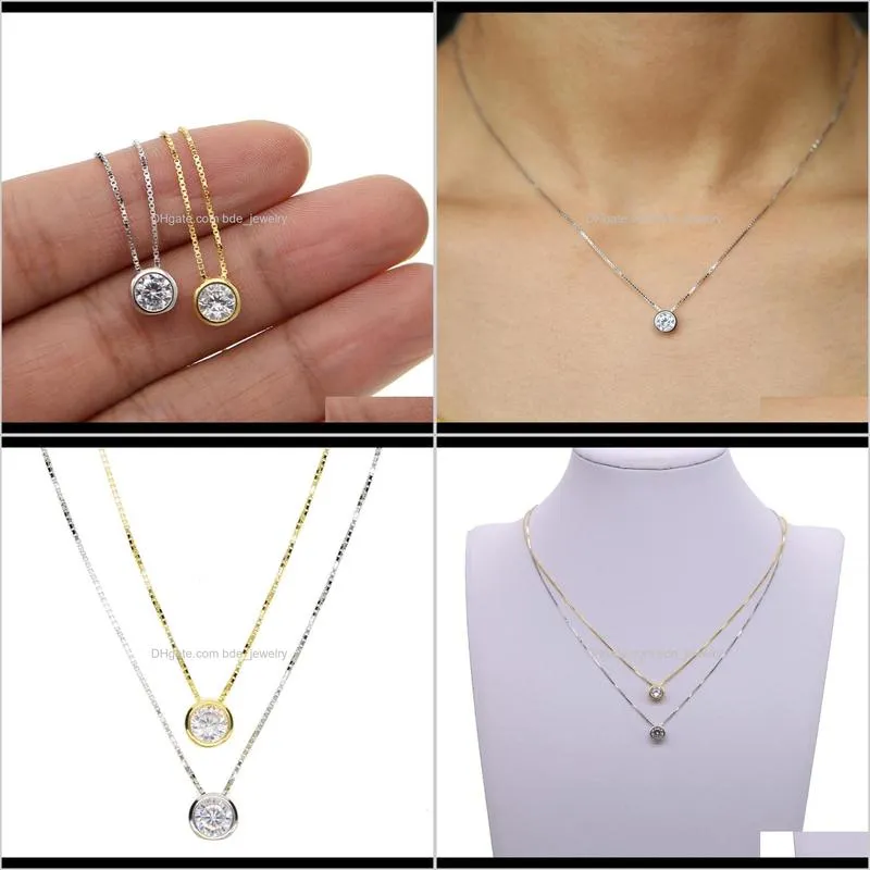 2020 latest single stone necklace fine delicate box chain 925 sterling silver bezel 5mm sparking cubic zirconia simple jewelry