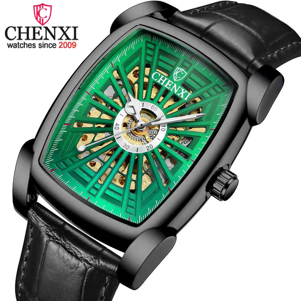 Chenxi Topmerk Business Men Horloges Vierkante wijzerplaat Automatische Lichtgevende Klok Lederen Hollow-Carved Design Mens Polshorloge Relogio Q0524