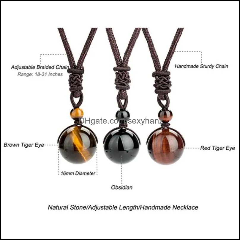 Pendant Necklaces Round Polished Stone Necklace For Unisex, Healing Crystals Lucky Blessing Chakra Beads Women And Men