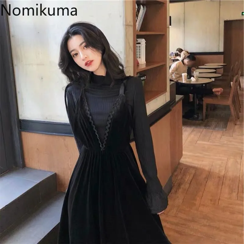 Nomikuma Elegant Women Due Piece Set scollo a V Neck Slim Vita Spaghetti Strap Dress Turtleneck T-shirt a maniche lunghe T Shirt Autunno 3D886 210514