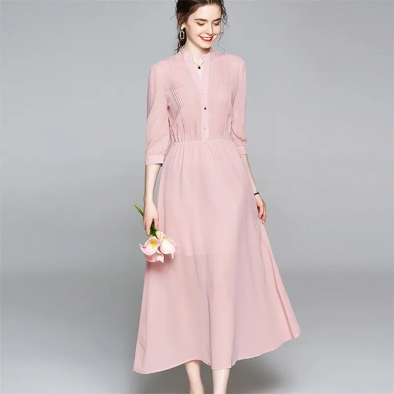 Automne coréen élégant o-cou rose décontracté robe longue femmes simple boutonnage taille élastique robes chic en mousseline de soie maxi 210514