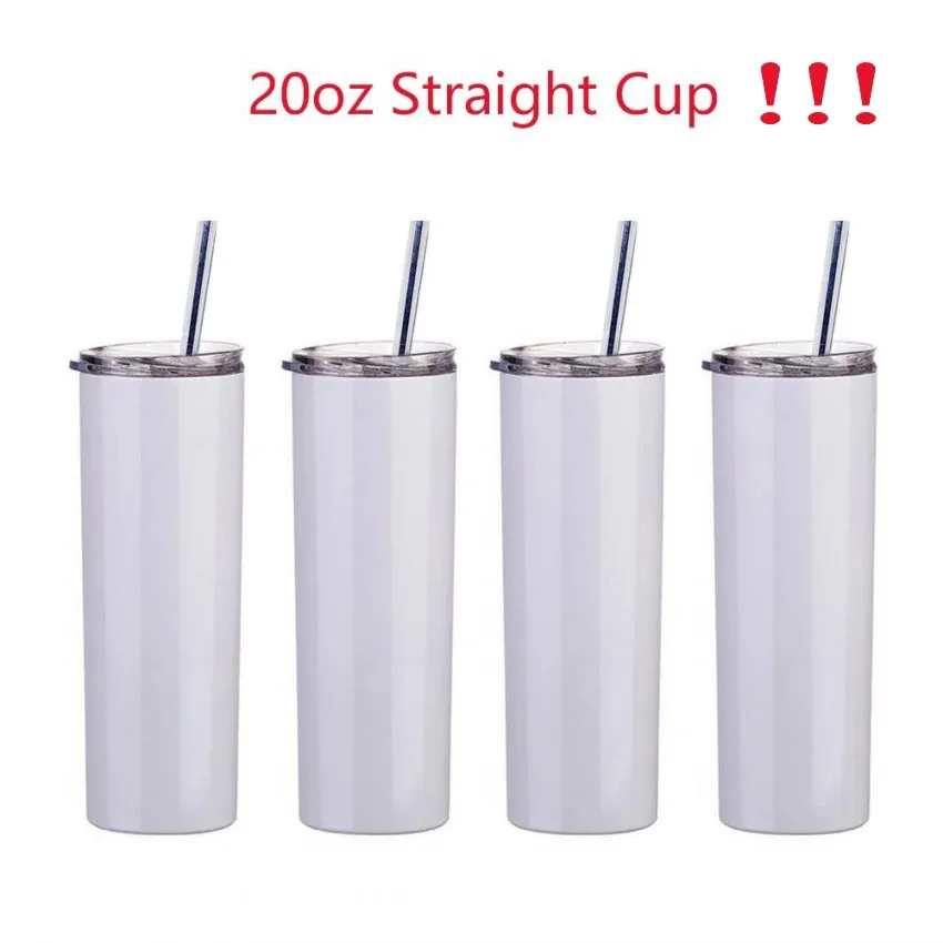 US Warehouse 20oz Sublimatie Mok Straight Tumblers Blanks White Rvs Vacuüm Geïsoleerde Slanke DIY 20 OZ Cup Auto Koffie Bekers Wit (1cup + 1 stro + 1 deksel)