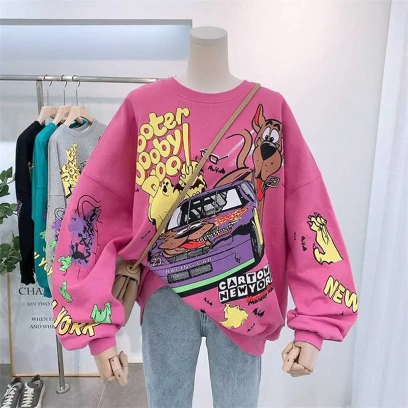 Women Hoodies Autumn Funny Cartoon Car Dog Print Sweatshirt Overized Streetwear Sweatshirts Hip Hop Cool Pullover Tops 211224