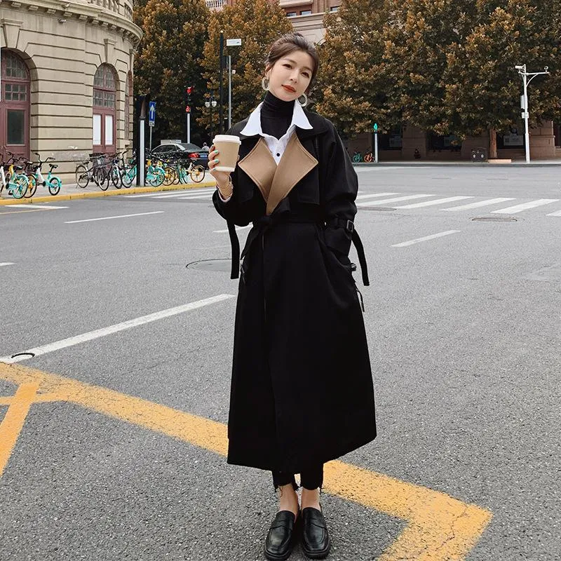 Женская траншея пальто Ветровка длинный французский стиль ударил цвет весна осеннее пальто женский отворот свободный корейский пиджак мода женские плащ