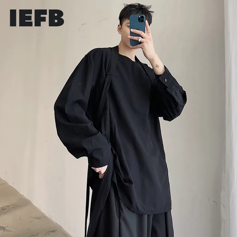 IEFB Personlig Bandage Design Trend Round Neck Långärmad Pullover T-shirt för män Loose Causal Black Tee Toppar 210524