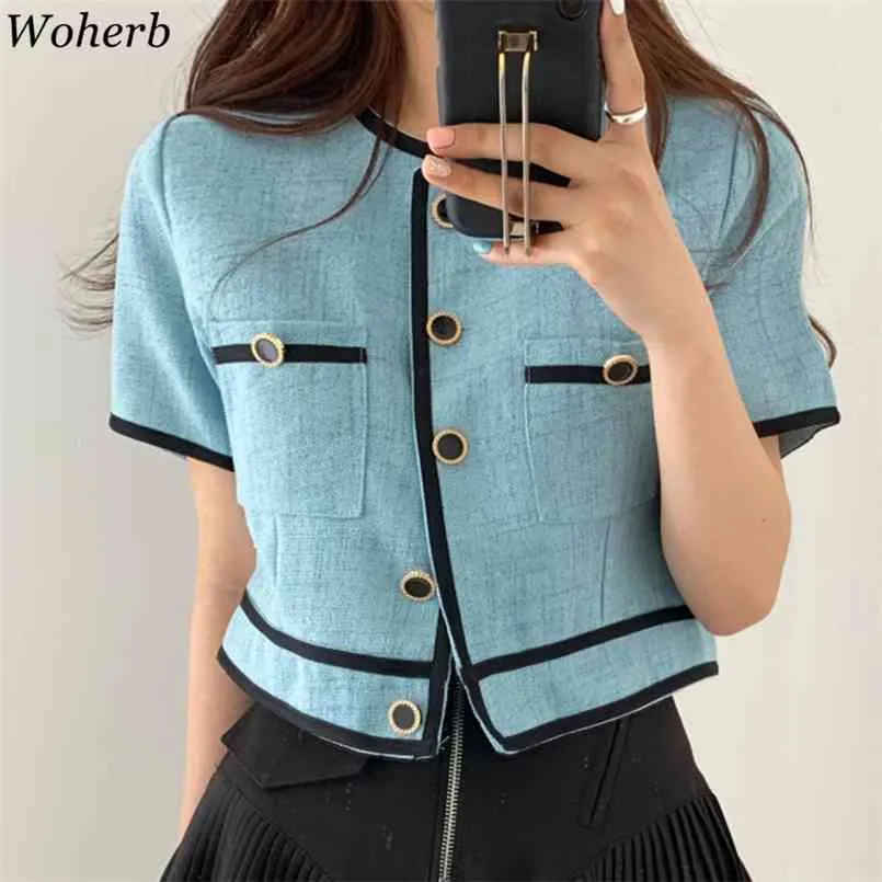 Woherbの女性のジャケットファッションのオフィスの女性コート韓国のヴィンテージの服シングルブレストパッチワークジャケット薄いトリミングトップ210918