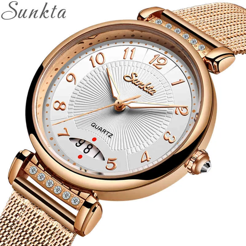 Montre Femme Sunkta Moda Luksusowy Zegarek Kobiety Stalowy Pasek Wodoodporna Damska Dresy Kwarcowy Zegarek Kobiet Dziewczyna Zegar Prezentowy 210517