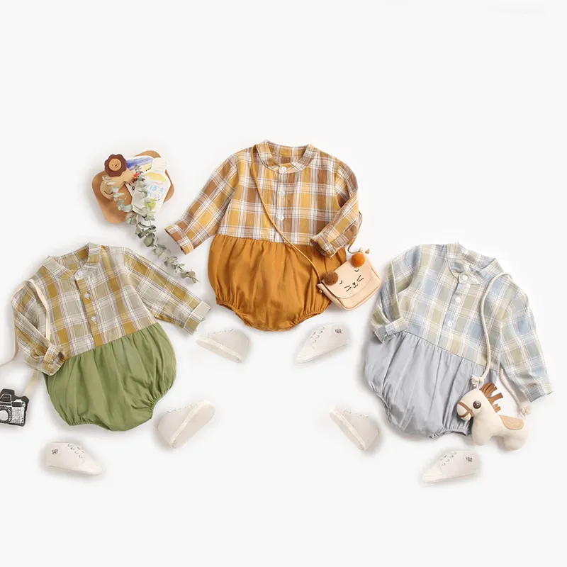 生まれた赤ちゃん男の子格子縞のシャツ長袖服ロンパース春秋幼児の三角形ジャンプスーツ0-3yrs 210429
