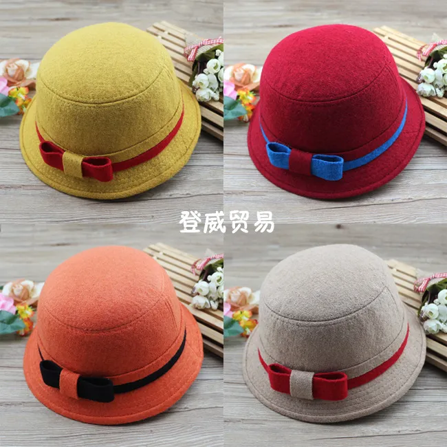 Wool bowtie spring autumn winter baby girl's fedora hats cashmere children fashion hats kids warm cap