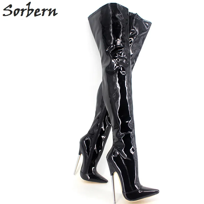 6 1/4" Trend Women Winter Boots High Heels Patent Leather Boots Female Heel Plain Stretch Crotch Thigh High Boot Black Plus Size