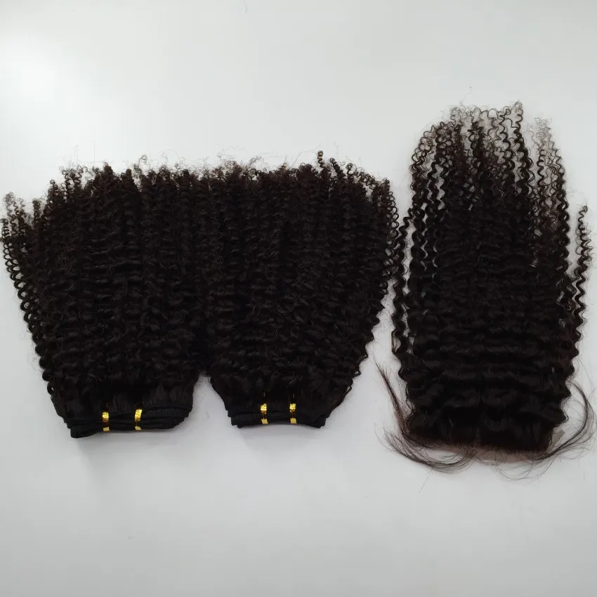 Chiusura di seta con fasci di capelli brasiliani Capelli crespi umani crespi Afro Tessuto Capelli vergini non trasformati Estensioni peruviane malesi capelli