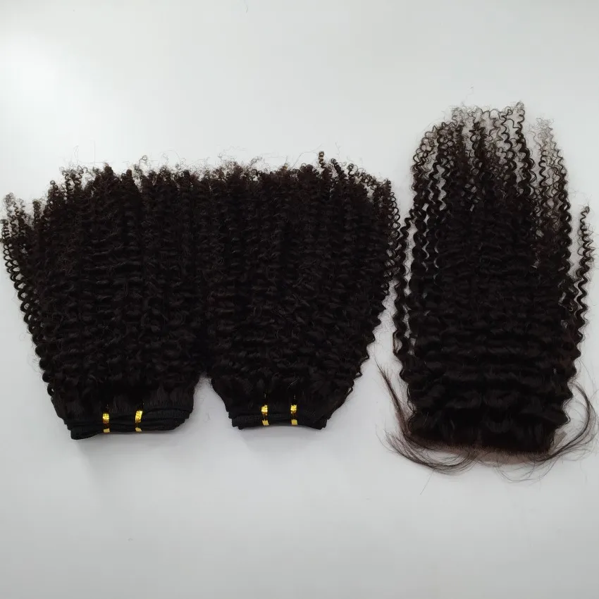 Feixes de Cabelo Encaracolado Kinky brasileiro com Fechamento de Seda 10-24 '' 8A Não Transformados Cabelo Virgem Brasileiro Ondulado Curly Extensão Tece 3 Pçs / lote