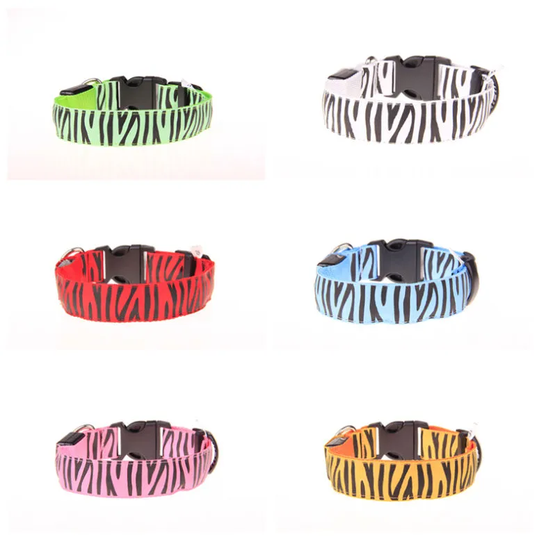 Migające kołnierze PET Zapalone Nylon Led Dog Collars Kolorowe LED Zebra Styl Collar 2,5 m Szerokość 8 Kolor S / M / L