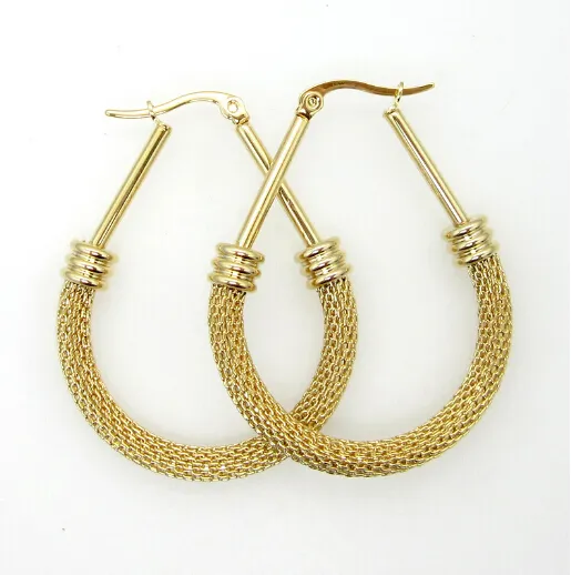 Brand New Fashion Design Surgical Stainless Steel Twist wire Mesh Drop Hoop Earring Never Fade Gold Tone Women 45mm*30mm