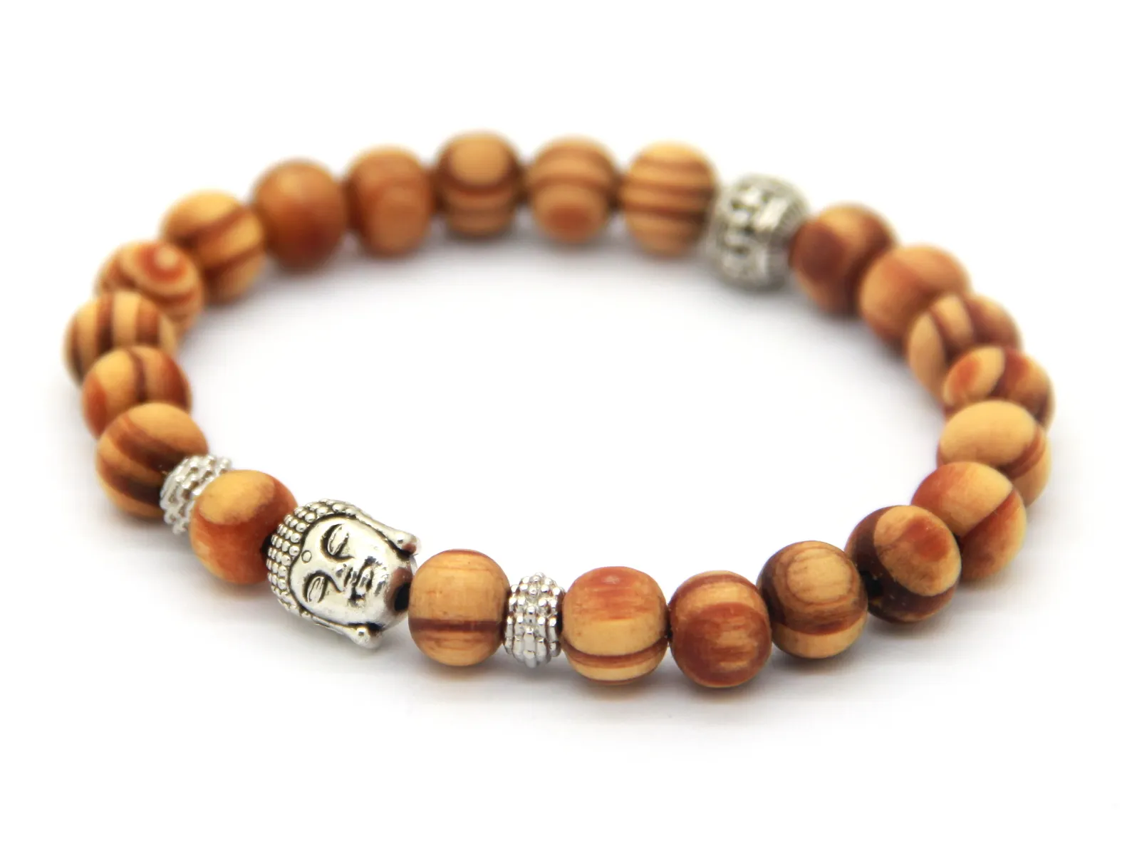 Partihandel Nya Ankomstprodukter 8mm Antik Silver Buddha Head Beaded Armband med Nice Wood Beads Smycken