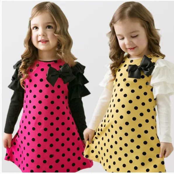 Chegada nova Do Bebê de Manga Longa Bolinhas Vestidos Para Meninas Princesa Bowknot Vestido Longo Vestidos de Festa