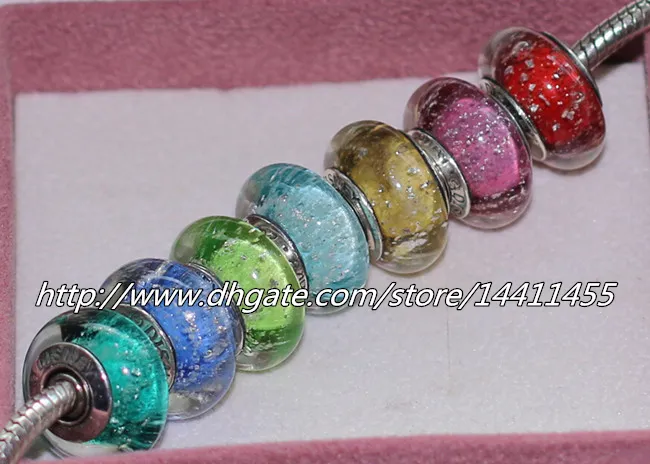 7 pièces S925 argent Sterling Signature couleur Fluorescence perles de verre de Murano ajustement européen Pandora bracelets à breloques colliers319D