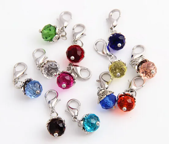 20PCS/lot Mix Colors Crystal Birthstone Dangles Birthday Stone Pendant Charms Beads With Lobster Clasp For Floating Locket