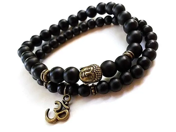 SNof 2 Buddha bracelets Yoga and Meditation bracelet Men Matte Agate bracelets Black Onyx Bracelet