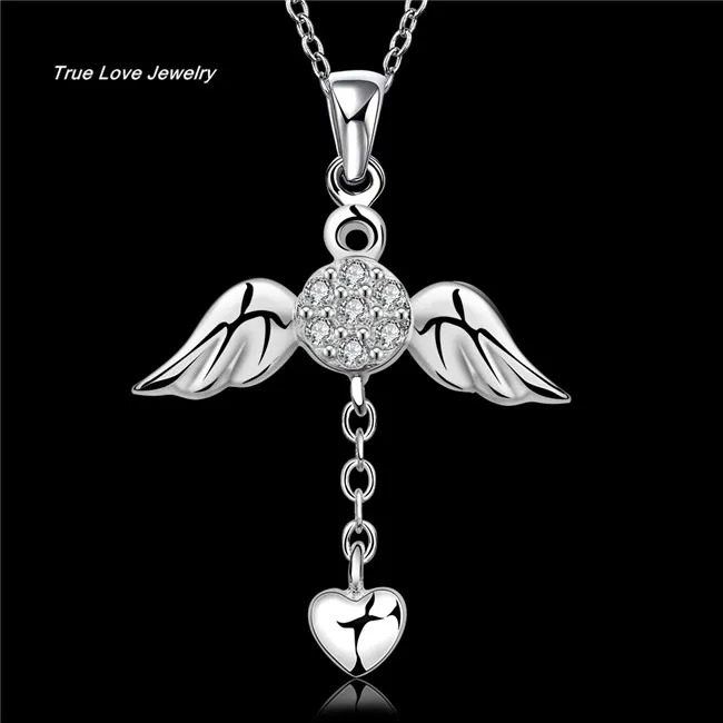 N674 nouveau beau design en argent sterling 925 ailes d'ange coeur pendentif collier avec Zircon Bijoux De Mode Cadeaux De Mariage Livraison gratuite
