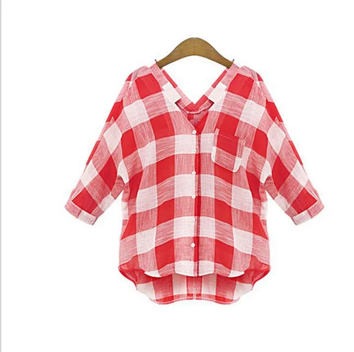 Europe Station 2015 été femmes plaid blouses à manches lâches chemises loisirs loisir manches chauve-souris chauve-souris v-cou, plus la taille en mousseline de soie tops manches manches moins de 12 $