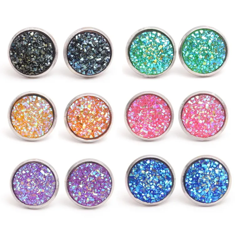 Moda 12mm Resina Druzy Drusy Rodada Brincos Sereia Escala De Peixe Padrão De Aço Inoxidável Brincos Handmade Stud For Women Jewelry