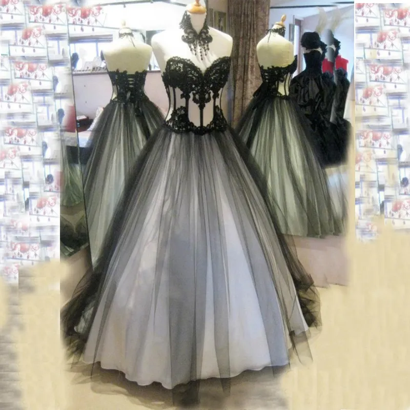 Victorian Gothic Wedding Suknie Prawdziwe Obraz Wysokiej Jakości Czarni i Białe Suknie Ślubne Koronkowe Aplikacje Miękkie Tulle Lace-Up Back Vintage