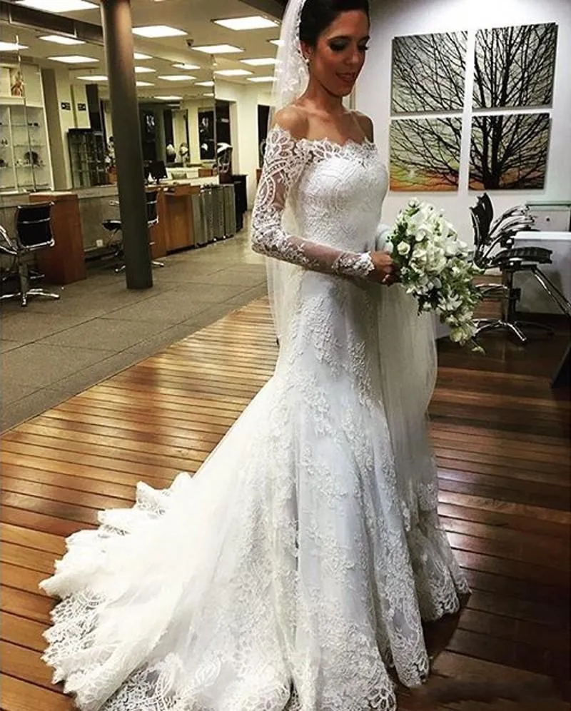 Vestios De Novia Dantel Gelinlik Uzun Kollu Kapalı Omuzlar Gelinlikler Düğme Sırt Tren Ile Geri Gelin Elbiseler