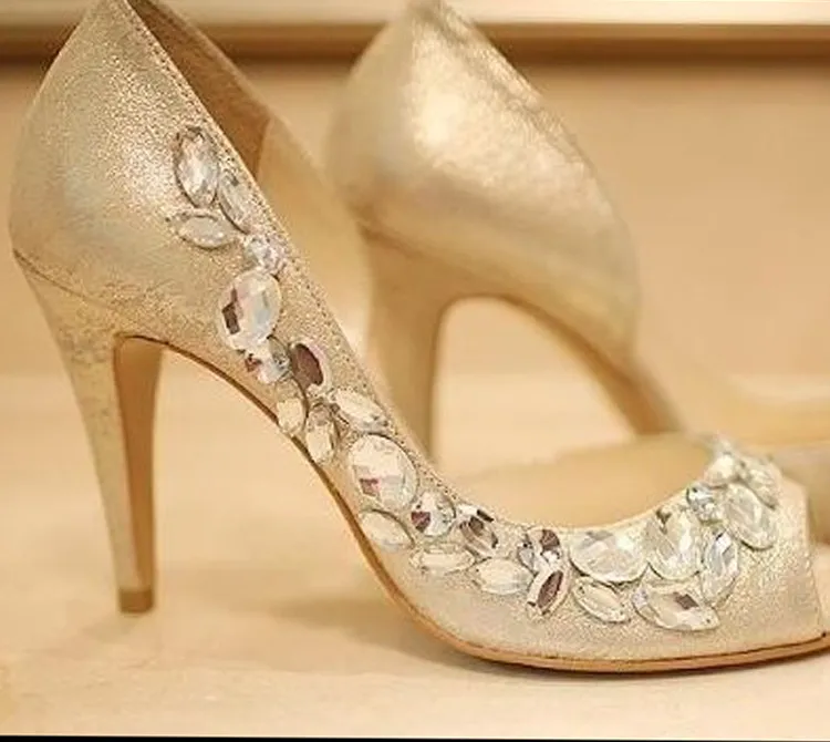 Sapatos de salto alto Champagne Rhinestone Shoes / sapatos de casamento para Sapatos De Noiva Da Dama de Honra Vestido Sandálias Peep Toe Festa À Noite Sapatos de Verão Sandálias