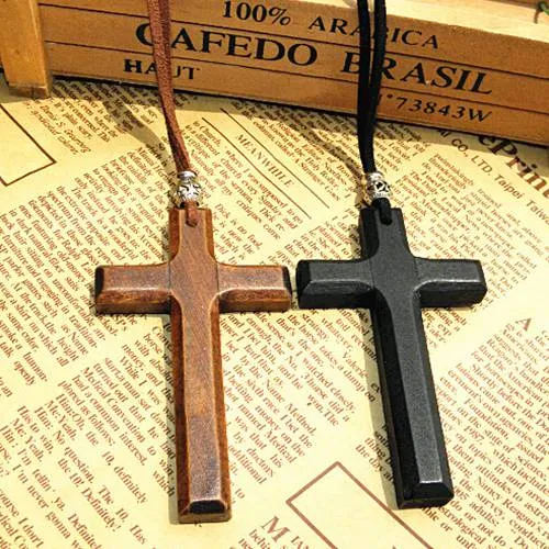 Discount wooden cross pendant necklace vintage beads leather cord sweater chain men women jewelry handmade stylish 