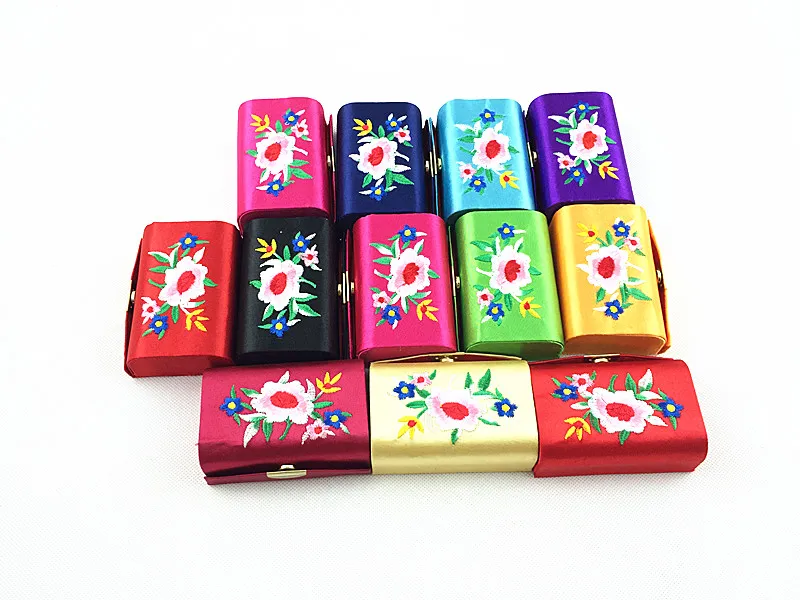 Decorate Embroidered Mirror Small Jewelry Gift Box Storage Case Satin Fabric Empty Lipstick Packaging Box Lip Balm Tubes Containers /lo