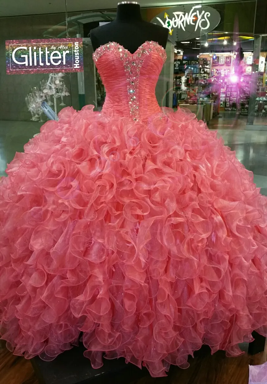 Real Photos Water Melon Quinceanera Dresses for Sweet 16 Cheap Sweetheart Crystal Beaded Ruched Organza Ragazza Party Prom Dress Vestidos 15