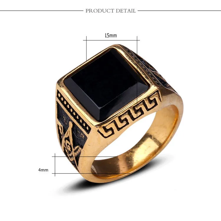 Men Punk Titanium Steel Ring Vintage Jewelry Carved Geometric Hipsters Onyx Stones Masonic Accessories Gold Size 8-11