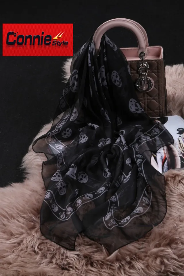 2017 Hot Selling Top Quality Classic European Designer Womens Skull Print Silk Scarf Elegant Ladies Wrap