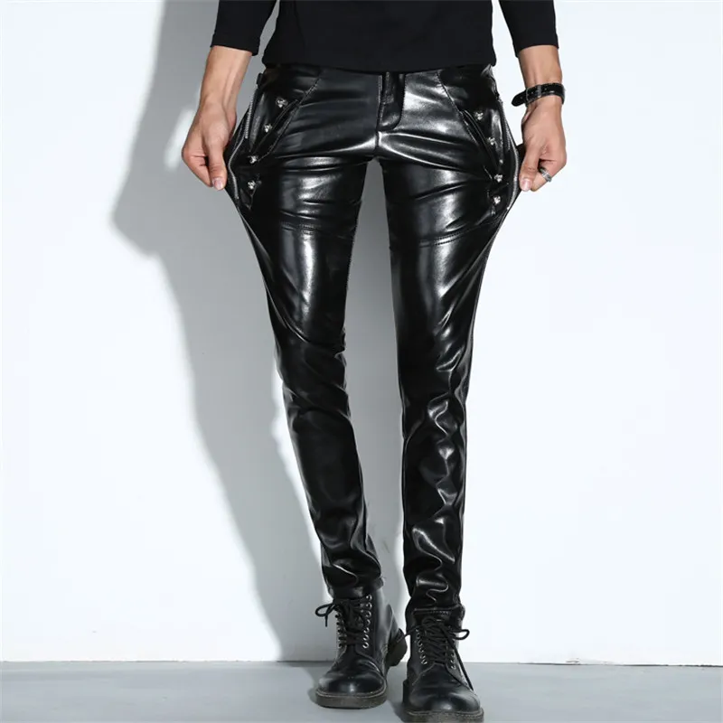 Wholesale MORUANCLE Men Skinny Faux PU Leather Pants Shiny Black