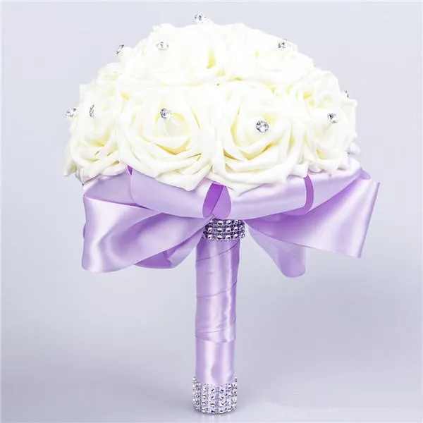 New Bridal Bouquet Wedding Decoration Artificial Bridesmaid Flower Crystal Silk Rose WF001 Royal Blue Mint White Green Lilac Cheap229M