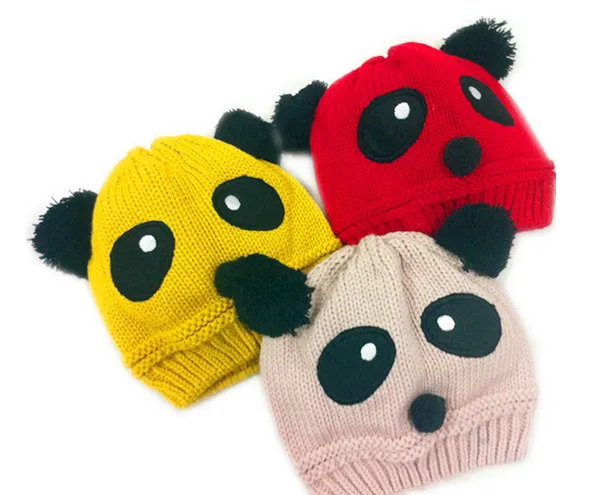 Winter warme Fleece Tier Baby Panda Strickmützen Hut Kinder Kinder niedlichen Cartoon Pom Pom Crochet Cap