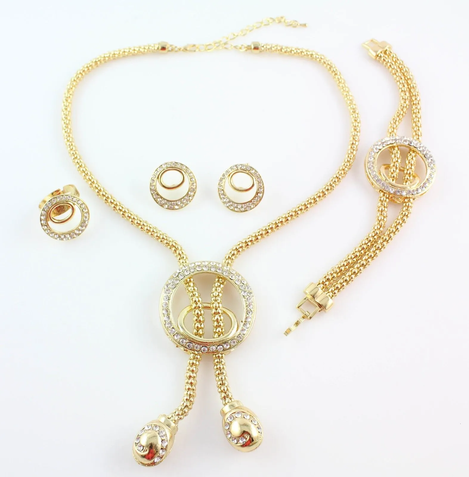 Fashion Gold Plated Snake Chain Crystal Necklace Bracelet Ring Earrings Jewelry Sets