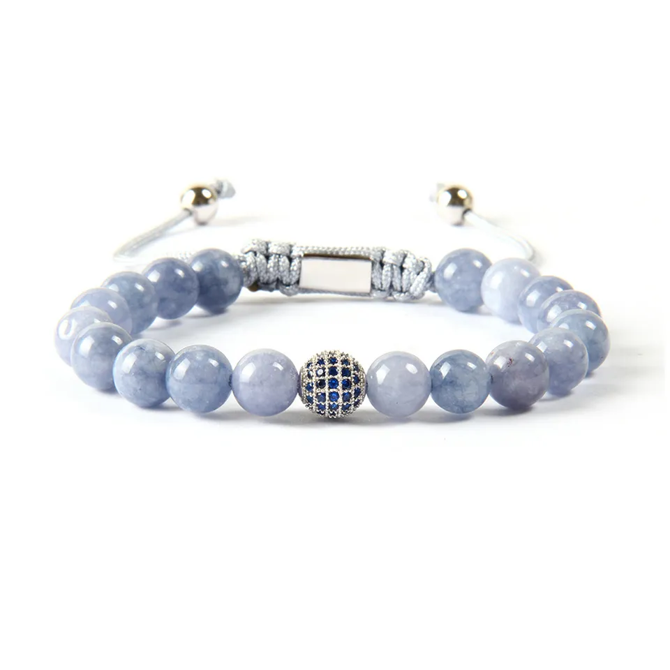 Ailatu Jóias Atacado 8 milímetros Natural Azul Branco Howlite Mármore Pedra contas Blue Ball Cz Mens frisada Macrame Bracelet