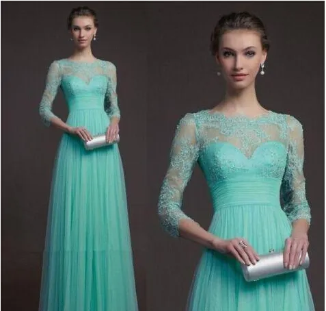 Nowy Jewel Sexy Sheer Crew Dekolt 3/4 Długie Rękaw Szyfonowe Formalne Suknie Wieczorowe Prom Dresses Szyfon