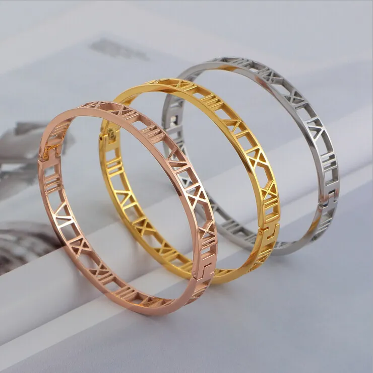 Roman numerals 18 k rose gold plated Couple bracelet Titanium steel bracelets for men and women Christmas gift