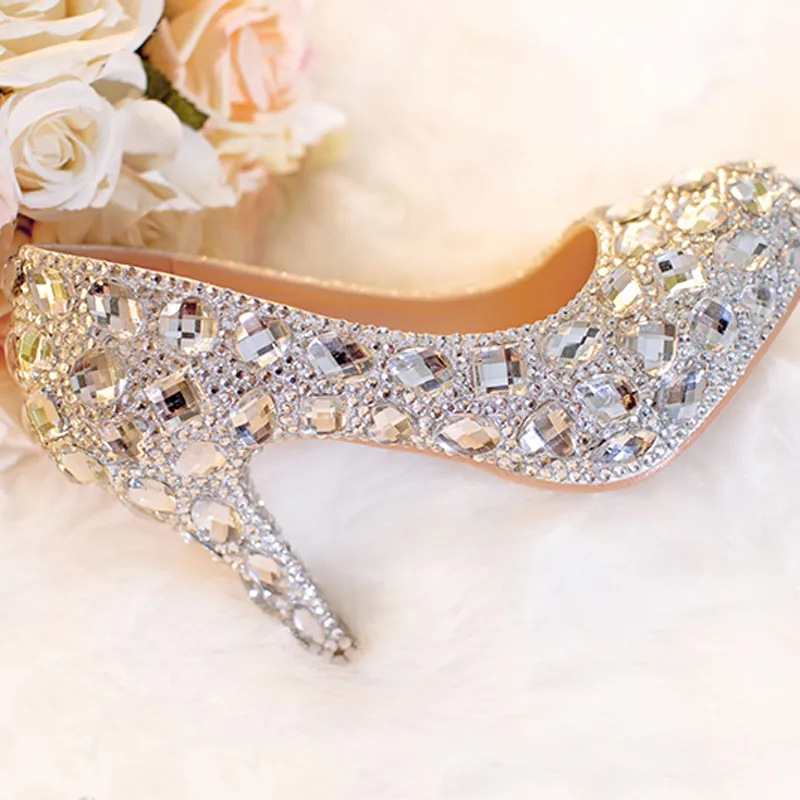 Silver Wedding Shoes Clear Rhinestone Platform Stängd tå 3 brudskor kristallpumpar europeiska parti prom klackar alla storlek347j